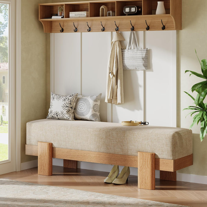 55-Inch Upholstered Entryway Bench, Padded Seat, Beige and Oak