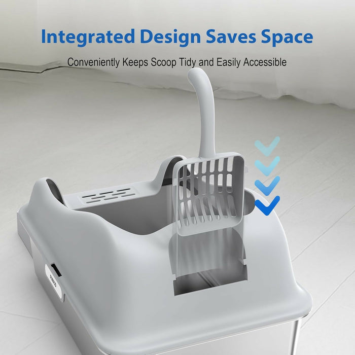 Extra Large Cat Litter Box for Big Cats, 25L Stainless Steel Litter Pan with High Sides, Non-Stick Odor-Free Surface, Step Pedal & Scoop Included – Grey