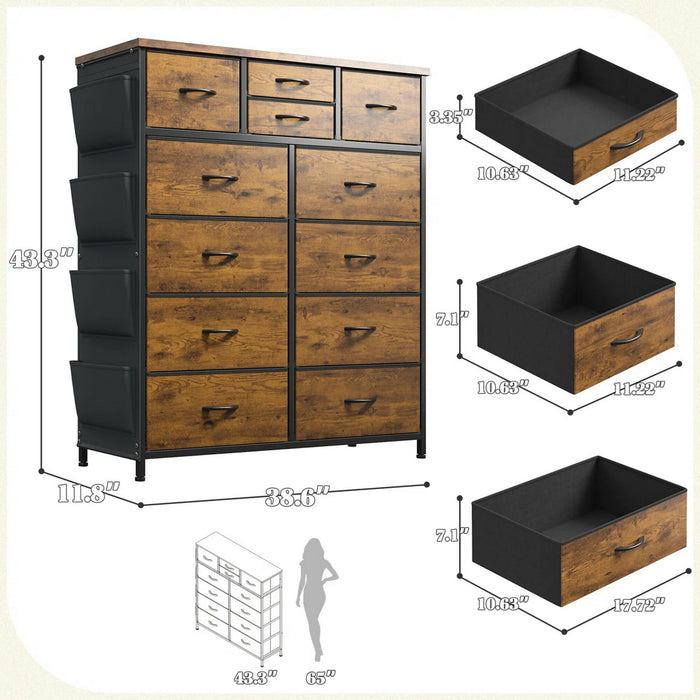 12-Drawer Dresser with Side Storage Pockets, Tall Chest of Drawers for Bedroom, Closet & Living Room, Fabric Dresser Organizer with Wood Top, Metal Frame – Large Capacity Storage Cabinet