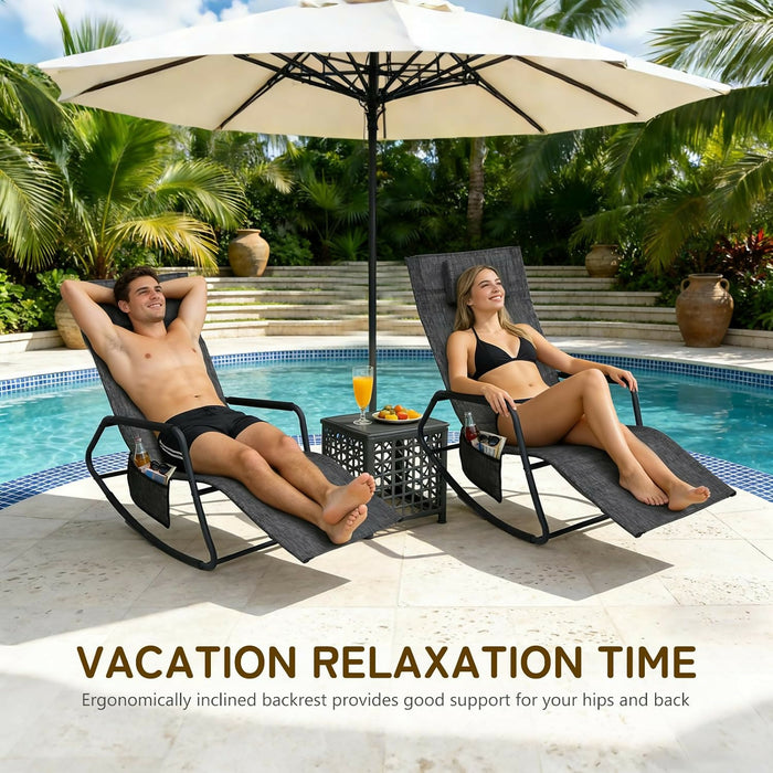 Set of 2 Outdoor Rocking Lounge Chairs, Ergonomic Textilene Chaise Loungers with Side Pockets & Removable Headrests, Breathable All-Weather Patio Chairs for Poolside, Garden & Porch, Gray and Beige