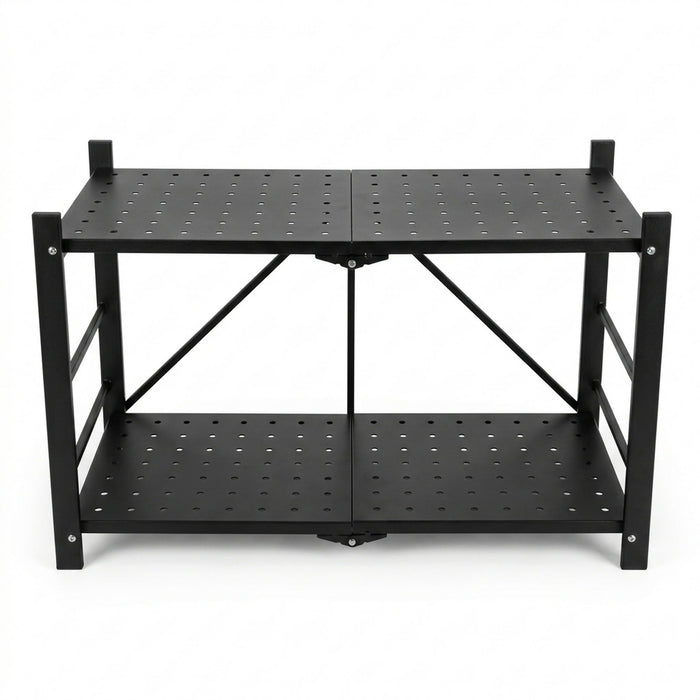 Foldable Countertop Shelf Organizer, 2-Tier Metal Storage Rack, Collapsible Space-Saving Cabinet and Counter Riser, 70 x 33.5 x 43 cm, Black, Kitchen Pantry Bathroom Office Use