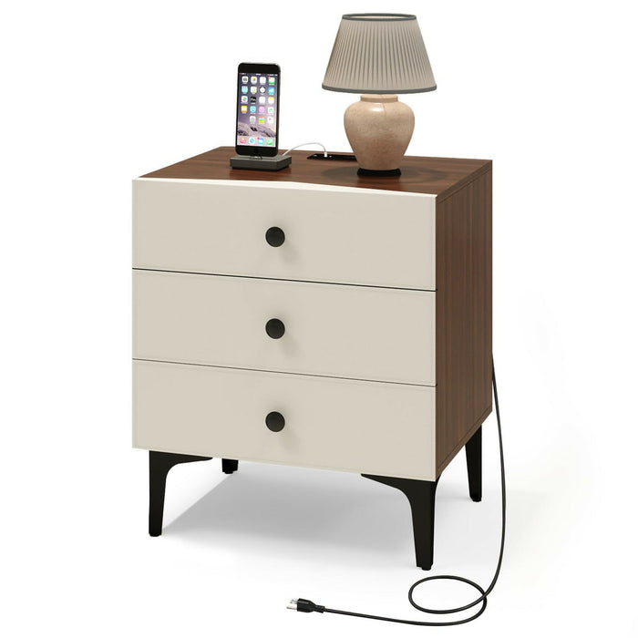 Nightstand with Charging Station, 3 Drawer Wood Bedside Table with Leather-Style Fronts, AC Outlet + USB + Type-C, Modern End Table for Bedroom Living Room Apartment