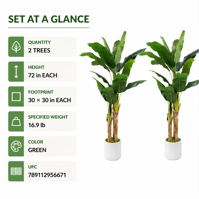 Faux Banana Trees, 2-Pack, 72 in, Planters Included, Indoor Décor