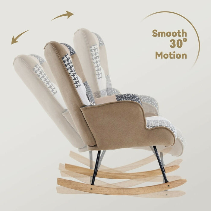 Patchwork Upholstered Rocking Chair Wingback Accent Glider with Solid Wood Rockers & Steel Frame 26" Wide Comfy Nursery & Living Room Rocker 330 lb Capacity