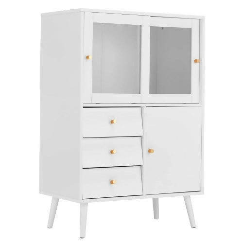 Sideboard Cabinet, White Accent Cabinet with Sliding Glass Door, 3 Drawers, Modern Buffet Cabinet with Storage