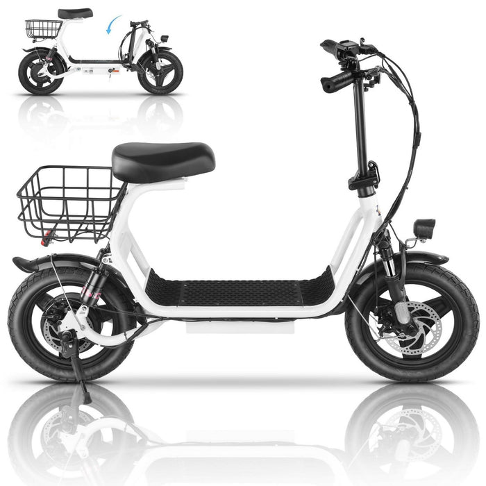 Adult Electric Scooter with Seat, 750W Motor, 14-Inch Pneumatic Tires, Front & Rear Disc Brakes, LCD Display, LED Headlight, Rear Basket, Folding Electric Scooter for Commuting, Gray and white Model HBCP1401