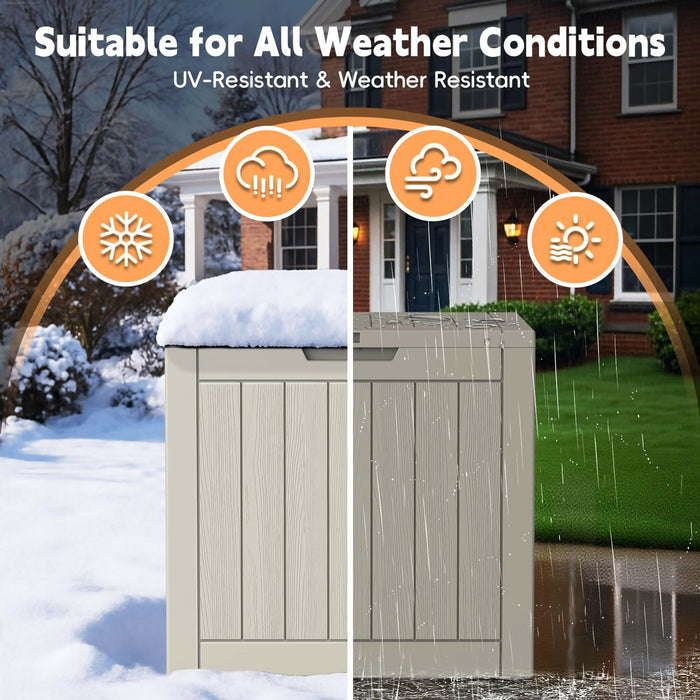 Outdoor Storage Box, Waterproof Resin Deck Storage Chest with Lockable Lid, Wood-Grain Look, Built-In Handles, All-Weather Patio Garden Pool Cushion Storage (Grey)