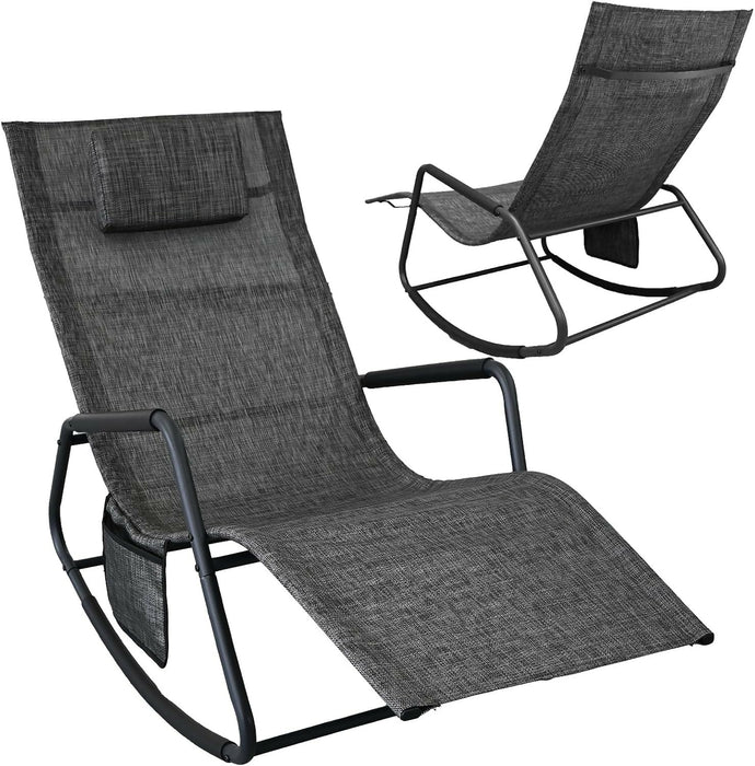 Set of 2 Outdoor Rocking Lounge Chairs, Ergonomic Textilene Chaise Loungers with Side Pockets & Removable Headrests, Breathable All-Weather Patio Chairs for Poolside, Garden & Porch, Gray and Beige