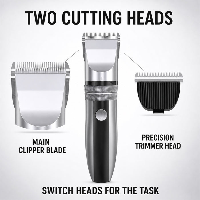 Cordless Hair Clipper Kit with 2 Heads and 4 Guide Combs, Grey
