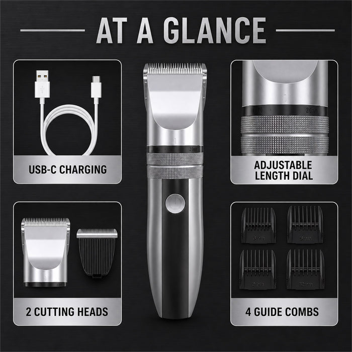 Cordless Hair Clipper Kit with 2 Heads and 4 Guide Combs, Grey