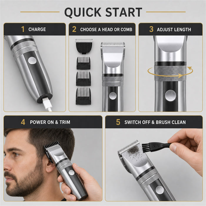 Cordless Hair Clipper Kit with 2 Heads and 4 Guide Combs, Grey