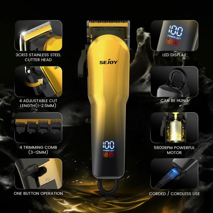 Cordless Hair Clippers, LED Display, 4 Combs, Home Haircuts Model 6023 Gold