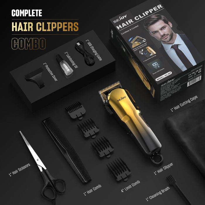 Cordless Hair Clippers, LED Display, 4 Combs, Home Haircuts Model 6023 Gold