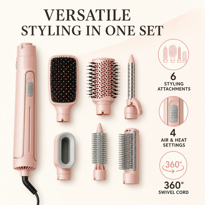 6-in-1 Hair Dryer Brush, 6 Attachments, 4 Settings, Pink