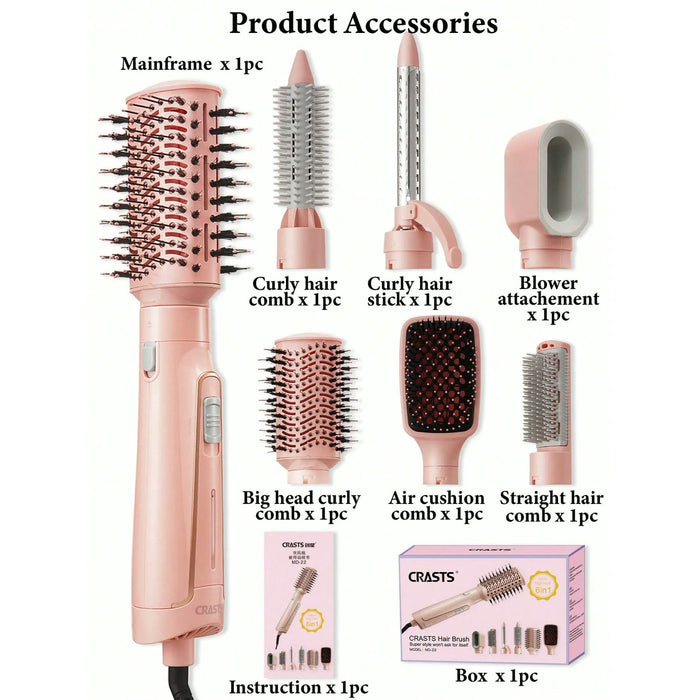 6-in-1 Hair Dryer Brush, 6 Attachments, 4 Settings, Pink