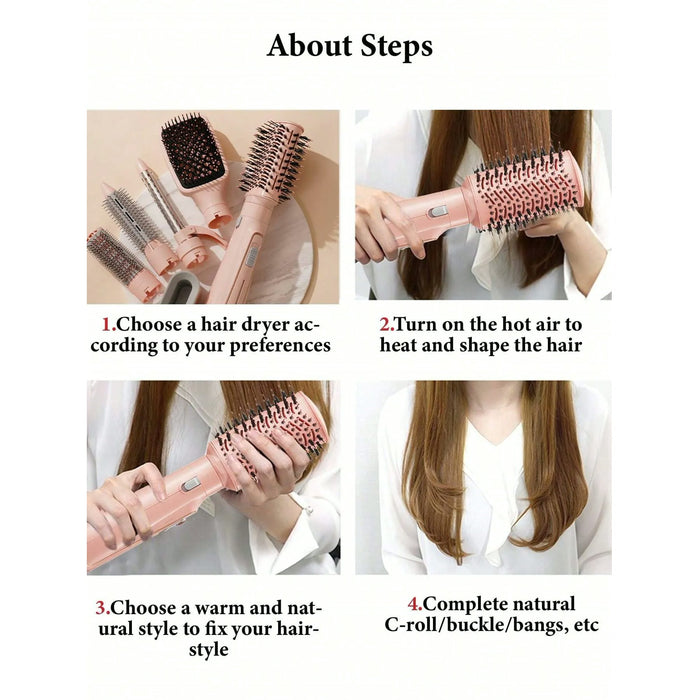 6-in-1 Hair Dryer Brush, 6 Attachments, 4 Settings, Pink