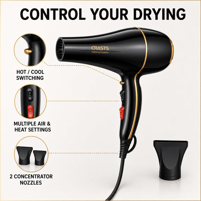 Hair Dryer 1200-1500W, 2 Nozzles Home Hair Styling