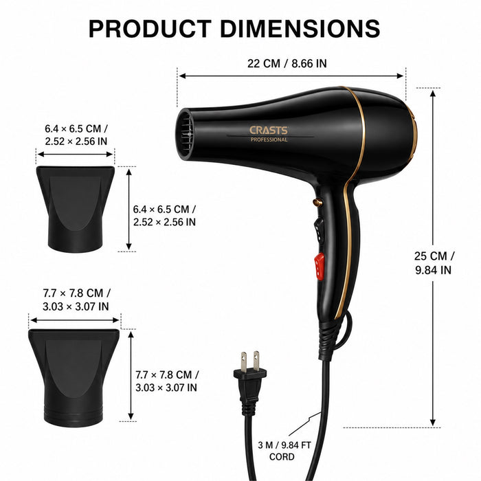 Hair Dryer 1200-1500W, 2 Nozzles Home Hair Styling
