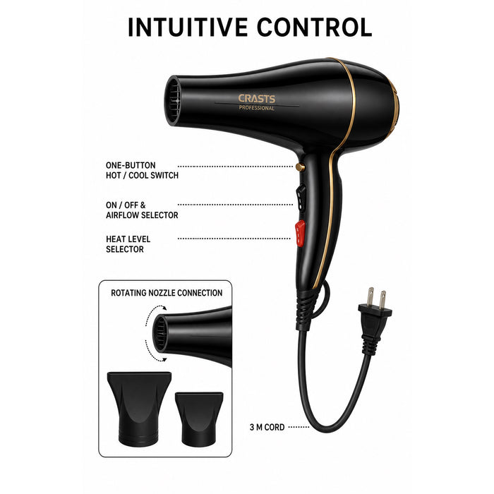 Hair Dryer 1200-1500W, 2 Nozzles Home Hair Styling