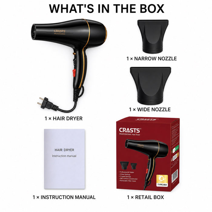 Hair Dryer 1200-1500W, 2 Nozzles Home Hair Styling