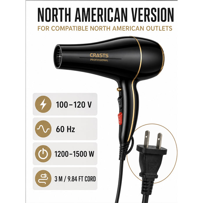 Hair Dryer 1200-1500W, 2 Nozzles Home Hair Styling