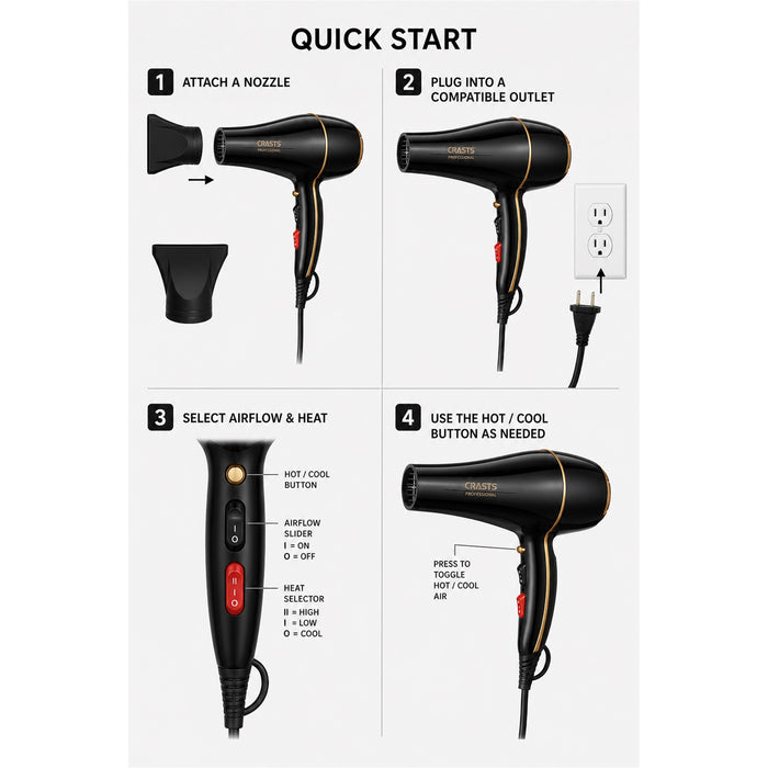 Hair Dryer 1200-1500W, 2 Nozzles Home Hair Styling