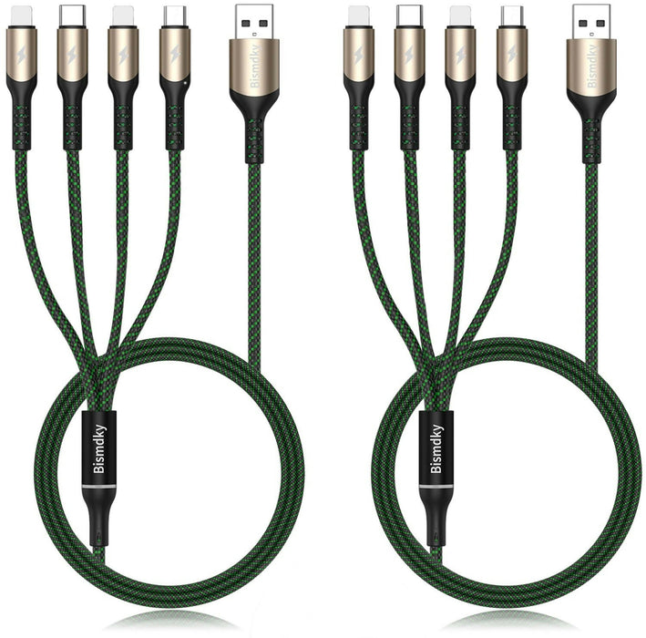 Multi Charging Cable, Bismdky 2Pack 4FT Nylon Braided Universal 4 in 1 Multiple USB Cable 3A Charging ，with Dual Phone/USB-C/Micro-USB Port Adapter Connectors for Cell Phones Tablets and More