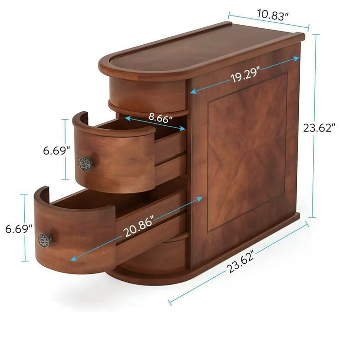 2-Drawer Solid Wood Narrow End Table, No Assembly Required Narrow Sofa Side Table for Living Room, Vintage Slim Nightstand Bedside Table for Bedroom Small Spaces