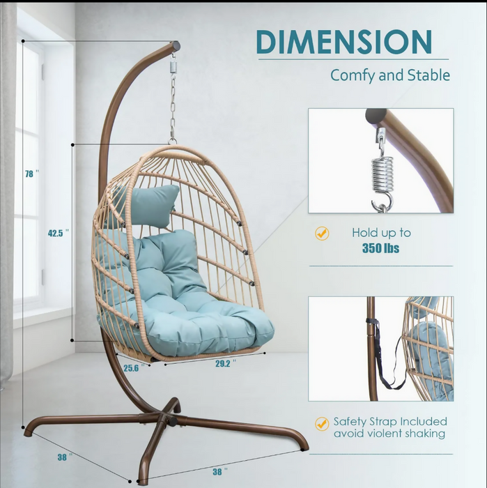 Hanging Egg Chair with Stand, Swinging Wicker Chair with Breathable Cushions