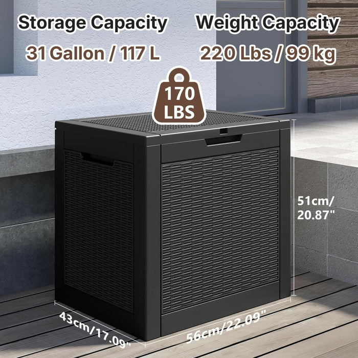 31 Gallon Outdoor Storage Deck Box Waterproof & UV Resistant Patio Storage Bin with Lockable Lid & Side Handles 220 lb Load Capacity Rattan Style for Yard Balcony Pool
