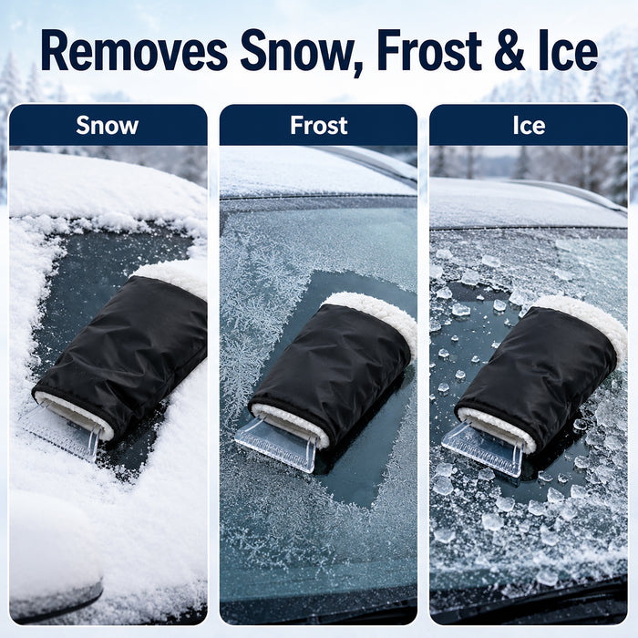 Ice Scraper Glove for Car Windshield, Built-In Scraper, Warm Fleece Lining, Water-Resistant Black Shell, 37 x 18 cm, Winter Snow Frost Ice Removal for Cars, SUVs and Trucks