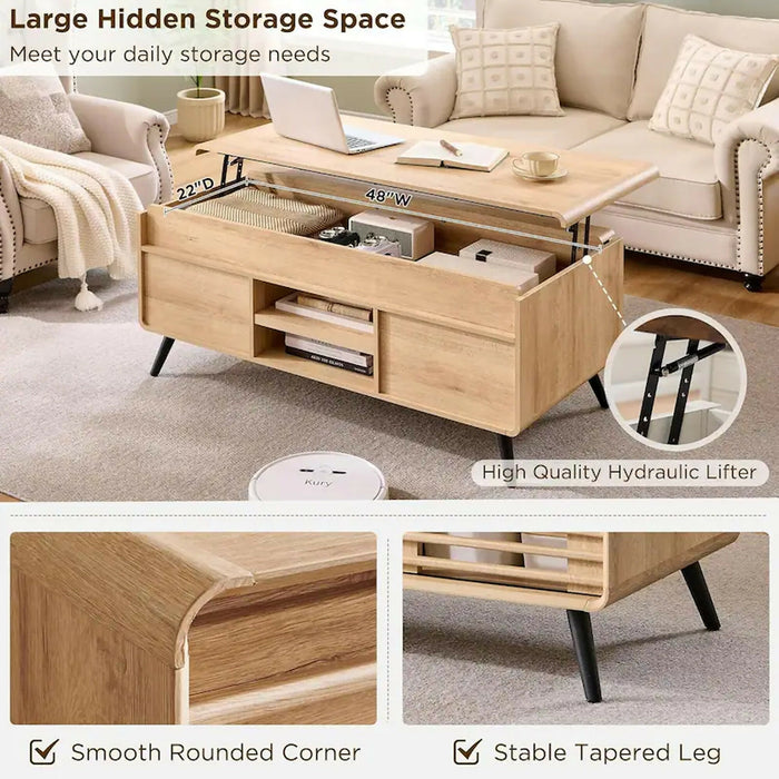 Lift Top Coffee Table, 48 Inch Mid Century Modern Coffee Table with Hidden Storage, Sliding Slatted Doors, Open Shelves, Rounded Edges, Wood Grain Finish for Living Room