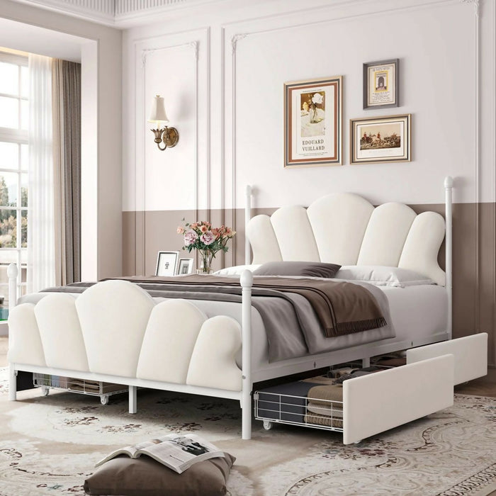 Velvet Upholstered Full-Size Bed Frame with 4 Storage Drawers, Cloud-Shaped Headboard, Sturdy Metal Slat Support, No Box Spring Required, Beige