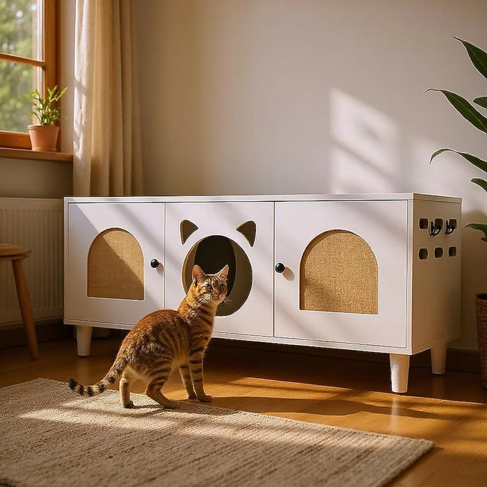 Cat Litter Box Enclosure Furniture, Wood Cat Cabinet Side Table with Sisal Scratcher Doors, Hidden Cat Washroom House with Storage Top and Cat Entry, Cream White, Modern Indoor Use