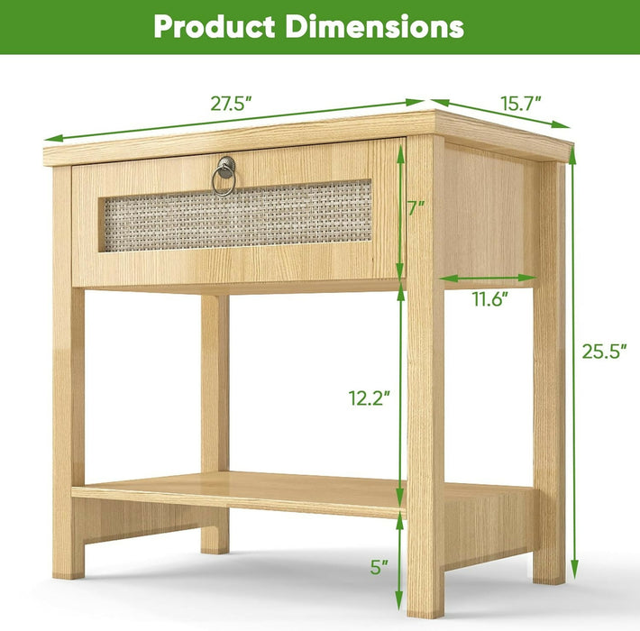 27" Rattan Nightstand with Built-in Charging Station – Modern Boho End Table with Drawer & Open Shelf