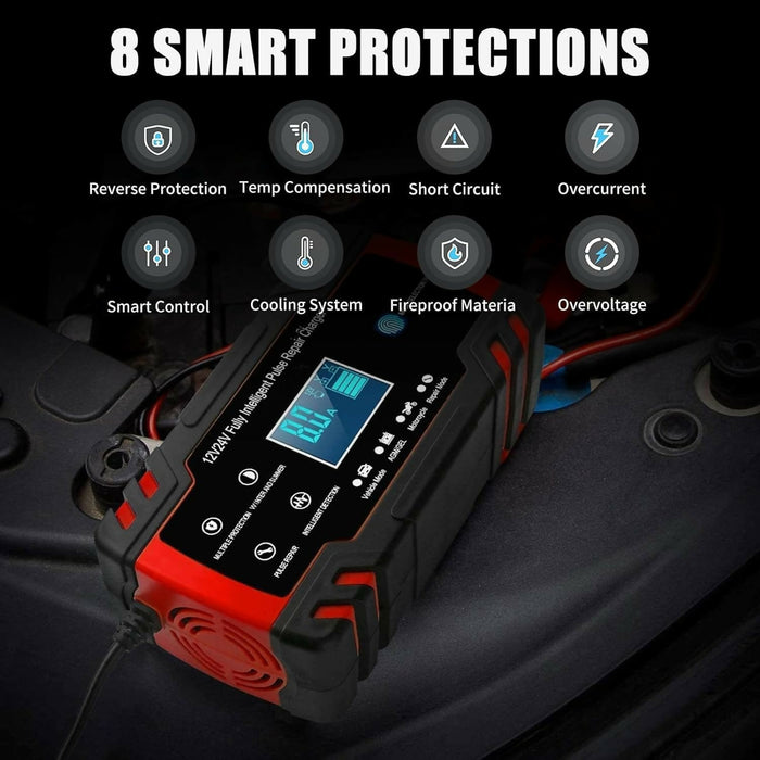 Maxxus 8A Battery Charger 12/24V Lead Acid Automatic Smart Car Battery Charger, Trickle & Pulse Repair, Automobile Battery Maintainer for Car Truck Motorcycle Lawn Mower Boat