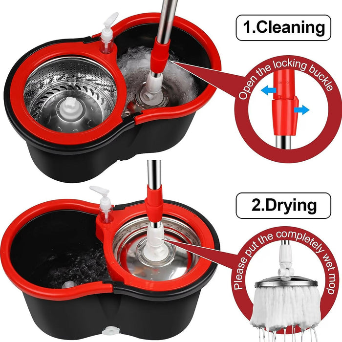 Spin Mop & Bucket Set with Wringer – 360° Rotating Microfiber Mop, Self-Wringing System, Telescopic Stainless Steel Handle, 3 Reusable Mop Heads, Dual-Chamber Bucket with Soap Dispenser for Floor Cleaning