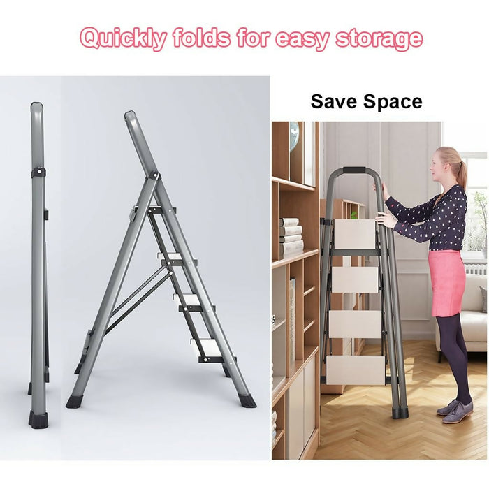 5-Step Folding Step Ladder with Handrails, Wide Anti-Slip Pedals, Carbon Steel Frame, Portable Heavy-Duty Stepladder for Kitchen, Closet, Garage & Home Organization, Gray, Model TH5STEP