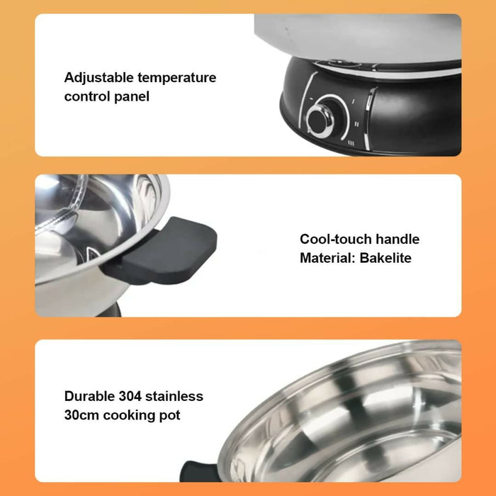 小浣熊 30cm不銹鋼鴛鴦電火鍋 電熱鍋 2格 5L 1500W