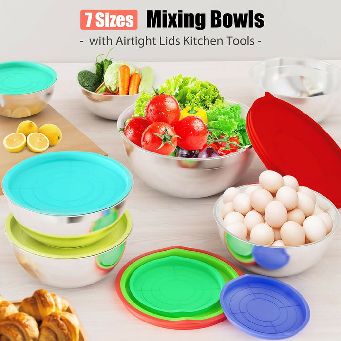 7 PCS Stainless Steel Mixing Bowl Set, Multifunctional Stacking Mixing Bowls with Lids and Accessories for Home, Kitchen, Cooking