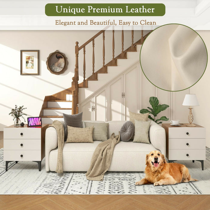 Nightstand with Charging Station, 3 Drawer Wood Bedside Table with Leather-Style Fronts, AC Outlet + USB + Type-C, Modern End Table for Bedroom Living Room Apartment