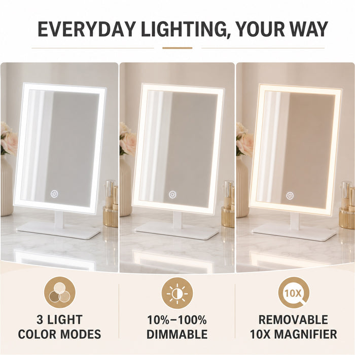 12-Inch LED Makeup Mirror, 3 Light Modes, Dimmable, 10X, White