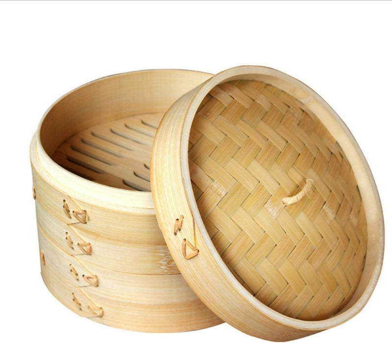 Bamboo Steamer 10 Inch, 2 Tier Steamer Basket & Lid, Dumpling Steamer, Dim Sum Steamer Basket, with Round Shape Mesh Non-Stick Pad, Steaming for Vegetables, Bao Bun, Rice, Chicken, Fish & Meat