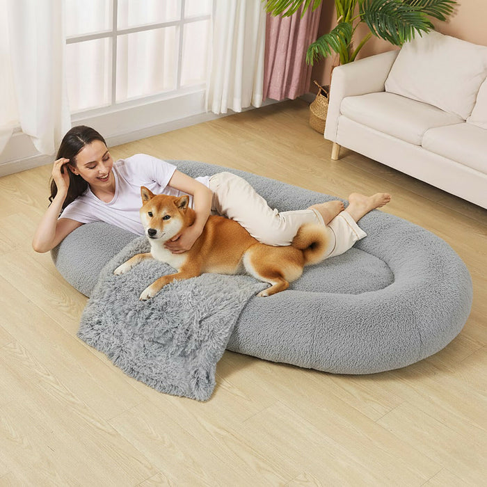 Extra-Large Calming Dog Bed 174×110 cm with Blanket & Pillow, Ultra-Soft Plush Orthopedic Foam Support, Washable Cover, Non-Slip Bottom – XXL Comfort Bed for Large Dogs & Multi-Pets – Grey