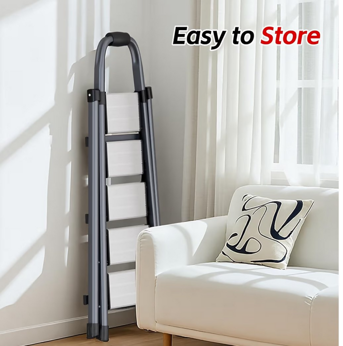 6-Step Folding Step Ladder with Handrail, Wide Anti-Slip Pedals, Space-Saving Foldable Design, Stable Triangular Frame, Carbon Steel Home Ladder for Kitchen, Closet, Office, Grey