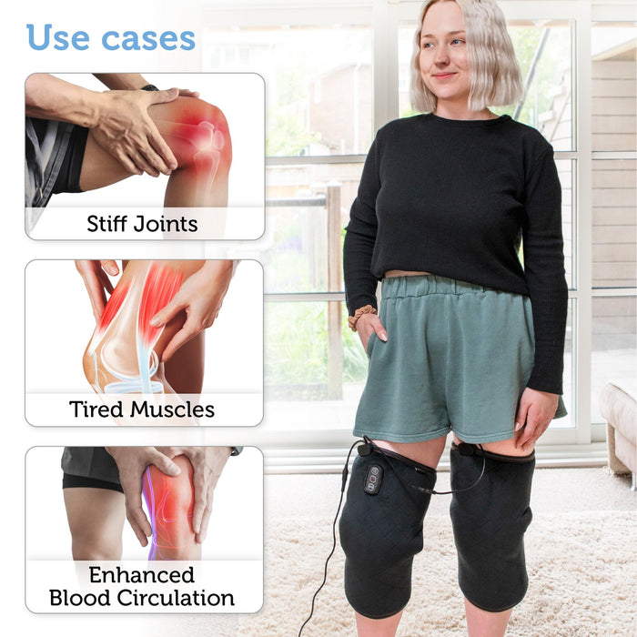 Knee Massager with Heat and Vibration, Electric Heated Knee Wraps Pair, 5 Modes, 2 Heat Levels, Adjustable Velcro Fit, 16 in Quilted Leg Wrap for Home Relaxation and Daily Comfort