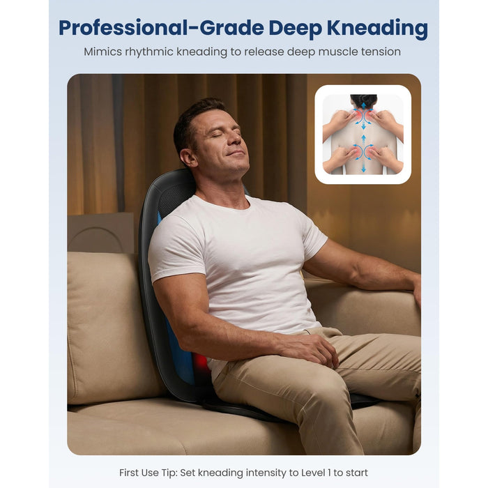 Back Massager with Heat, Chair Massage Pad with Deep Kneading Nodes, Seat Vibration, Spot & Full Back Control, Portable Cushion for Home Office Sofa Recliner, Black Blue