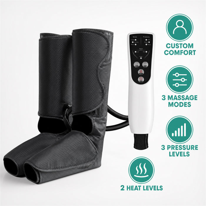 Air Compression Foot and Calf Massager with Heat, 3 Modes, Black