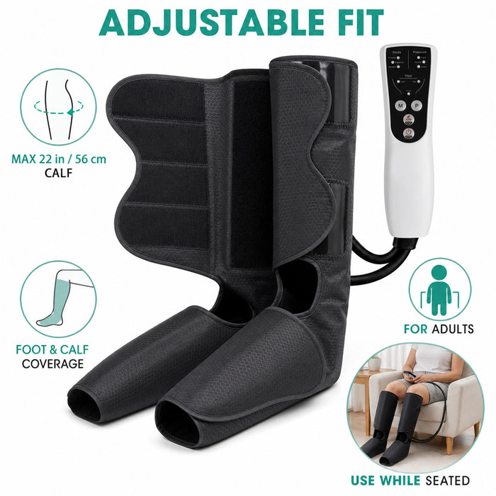 Air Compression Foot and Calf Massager with Heat, 3 Modes, Black