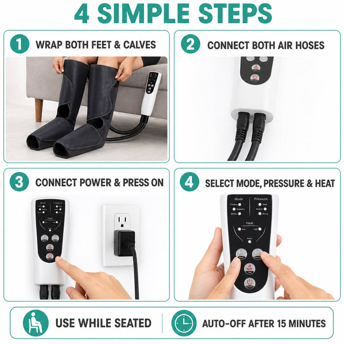 Air Compression Foot and Calf Massager with Heat, 3 Modes, Black